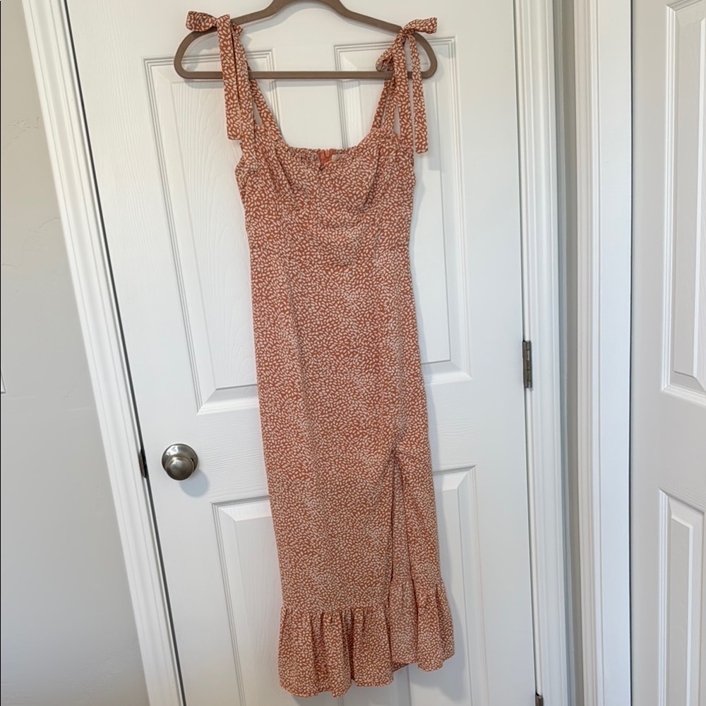 Peach Wedding Guest Tie Strap Floral Print Midi Dress